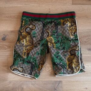 Gucci Tiger Print Board Shorts - Green and Brown